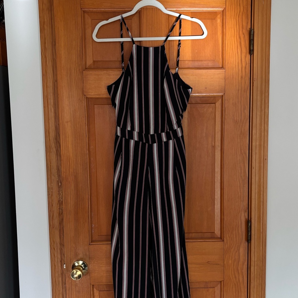 Striped sleeveless jumpsuit with open tie back